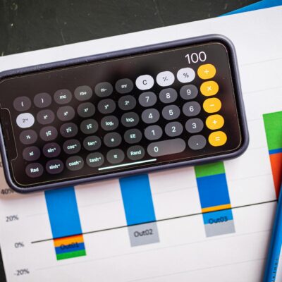 Mobile calculator on paper charts indicating financial analysis with colorful data visualization.